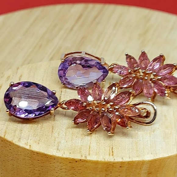 Natural Amethyst & Tourmaline Rose Gold on Sterling Silver Earrings & Ring 7.5 - Picture 13 of 15